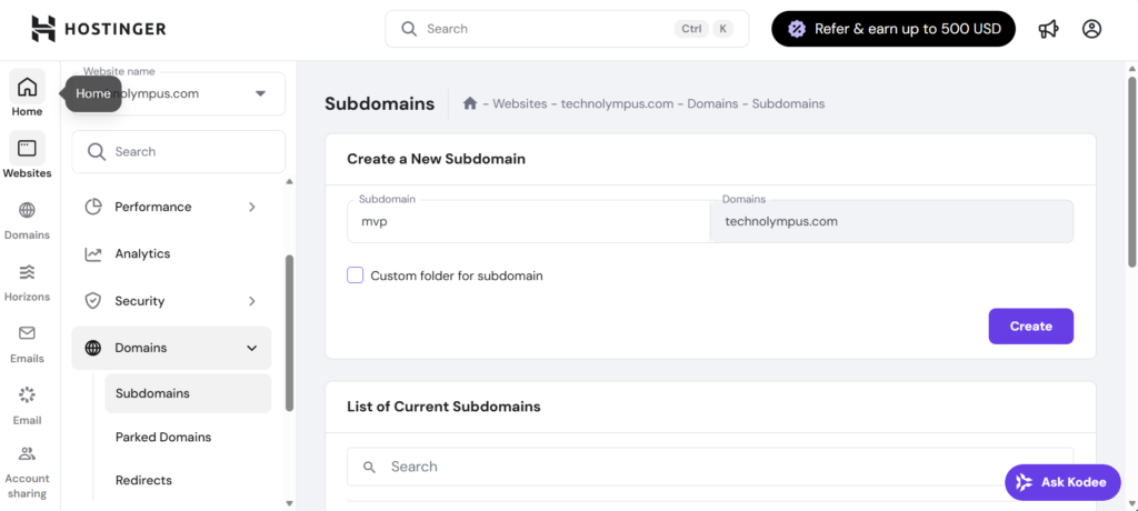 Create a subdomain in Hostinger